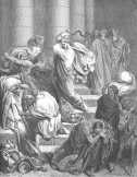 A kereskedők kiüzése a templomból Bibliai jelent az Újszövetségből metszeten