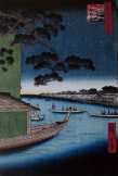 Fenyőfa és dereglyék Asakusa folyónál 1856 tradicionális japán festmény metszet
