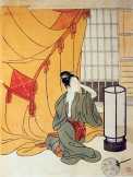 Fiatal nő ül a lámpánál 1766 hagyományos japán festmény metszet