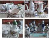 Porcelánfigurák, vázák, teakiöntők